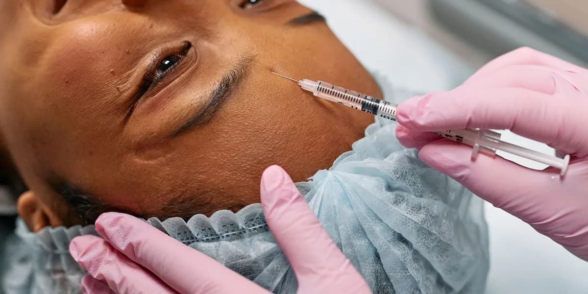 Close-up of a cosmetic injection being given on the forehead in a clinic