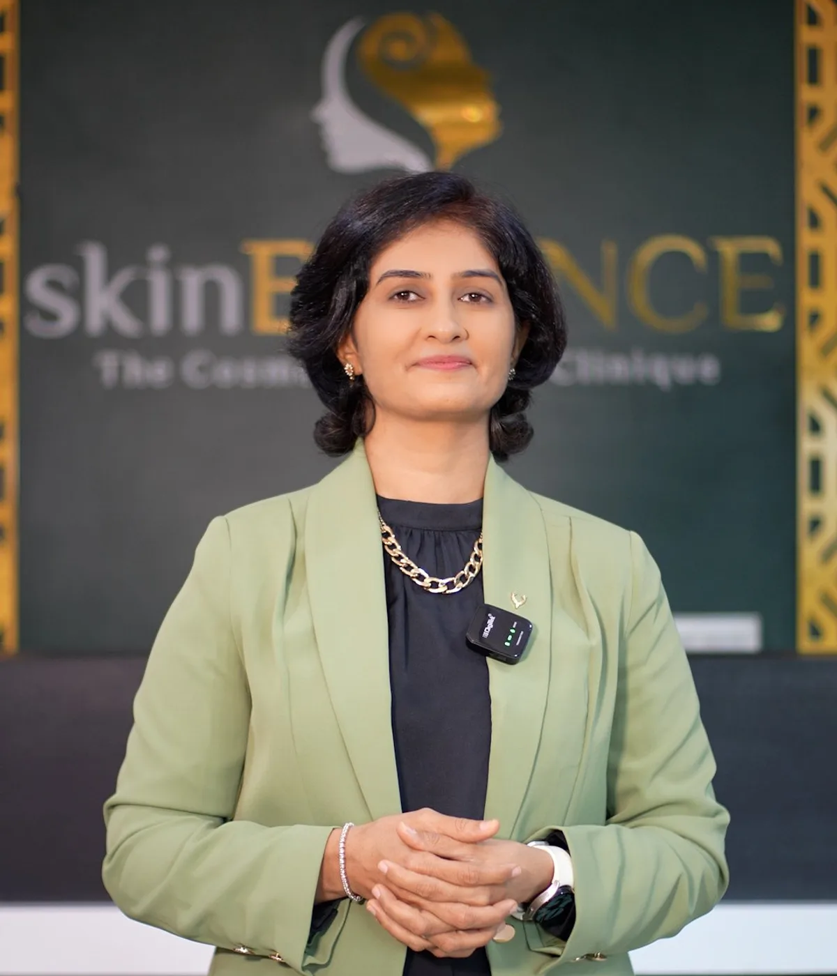 Dr. Daksha Patel at the Skin Essence clinic reception